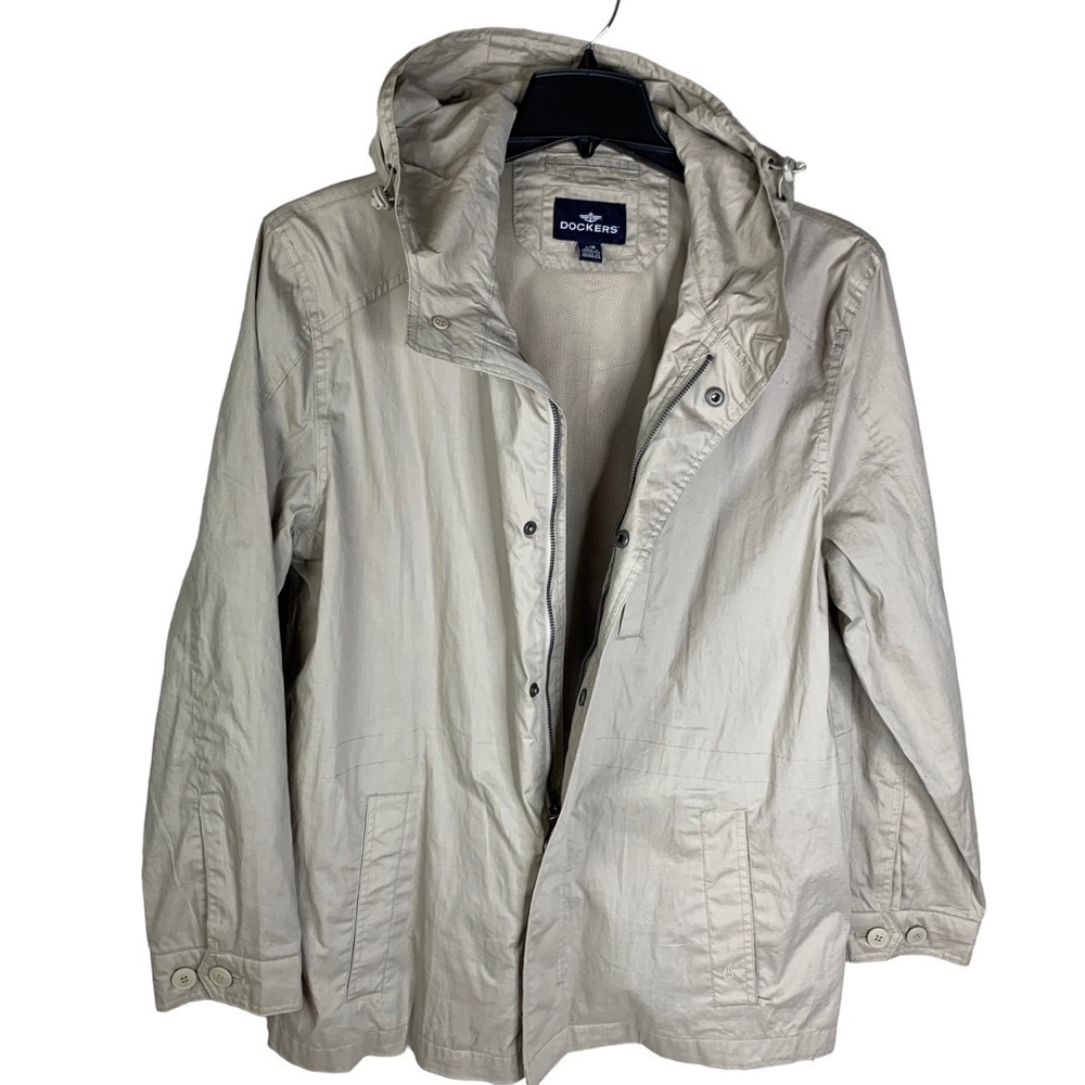 Men’s Dockers Khaki Fishing Chore Windbreaker Mesh Lined Jacket Pockets Hood LRG